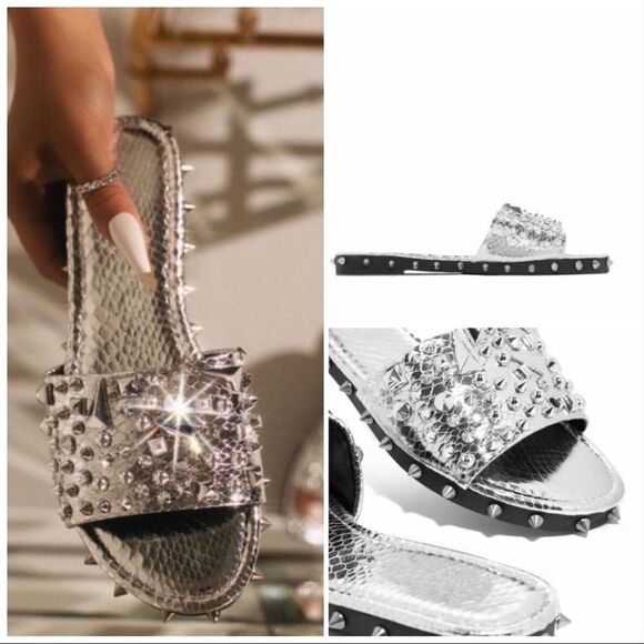 Silver Studded Women's Slide Sandals - Picture 4 of 4